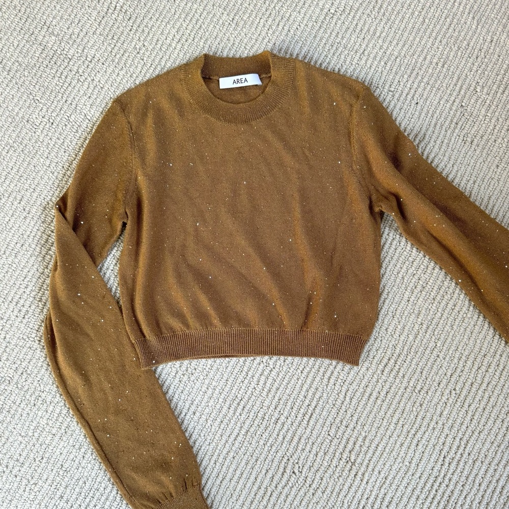 AREA cropped sweater. Perfect condition. Tiny sequins spread throughout. Camel.